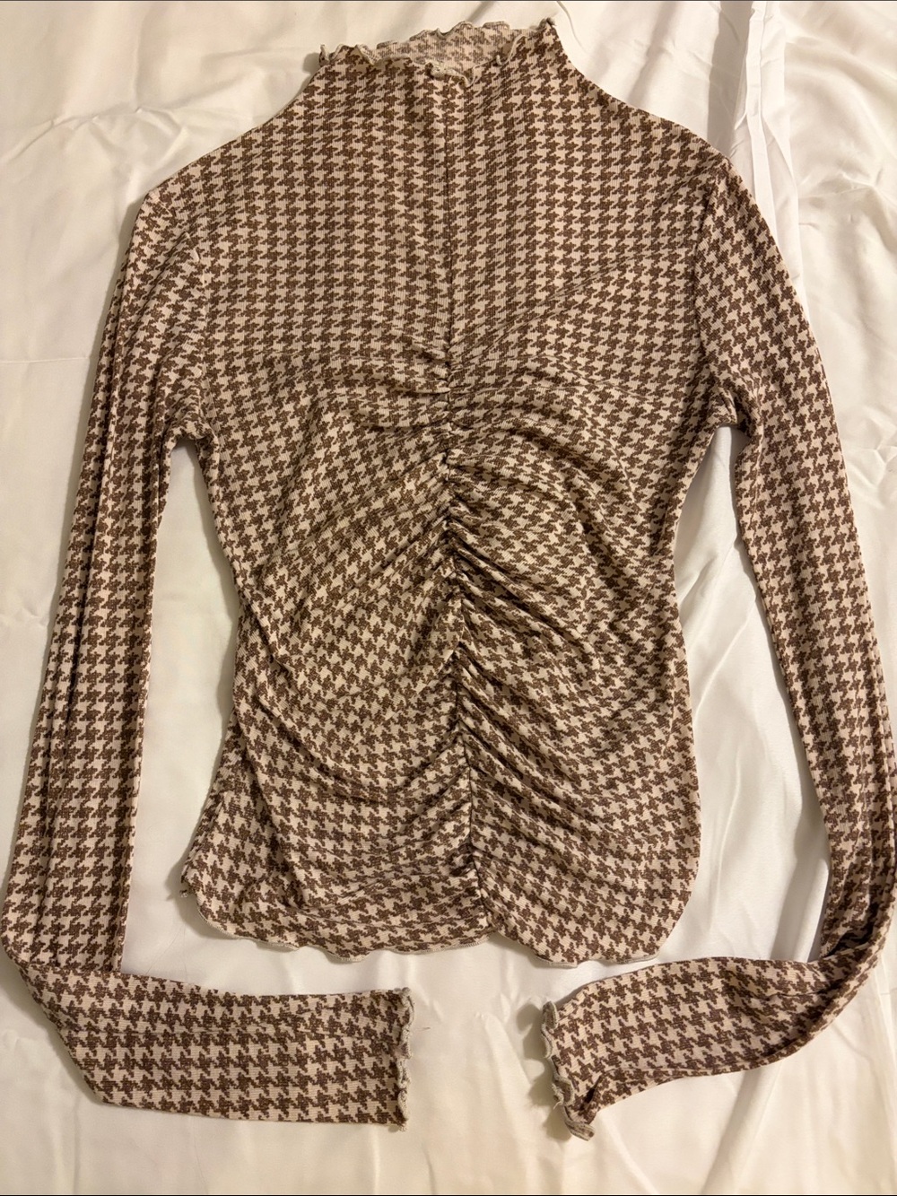 Ruched Houndstooth Long Sleeve Top - Brown/Cream